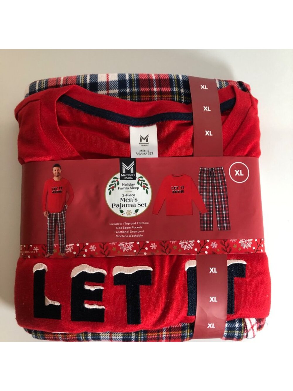 Members Mark Holiday 2-Piece Let it Snow Pajama Set Mens Size XL Red Plaid NEW